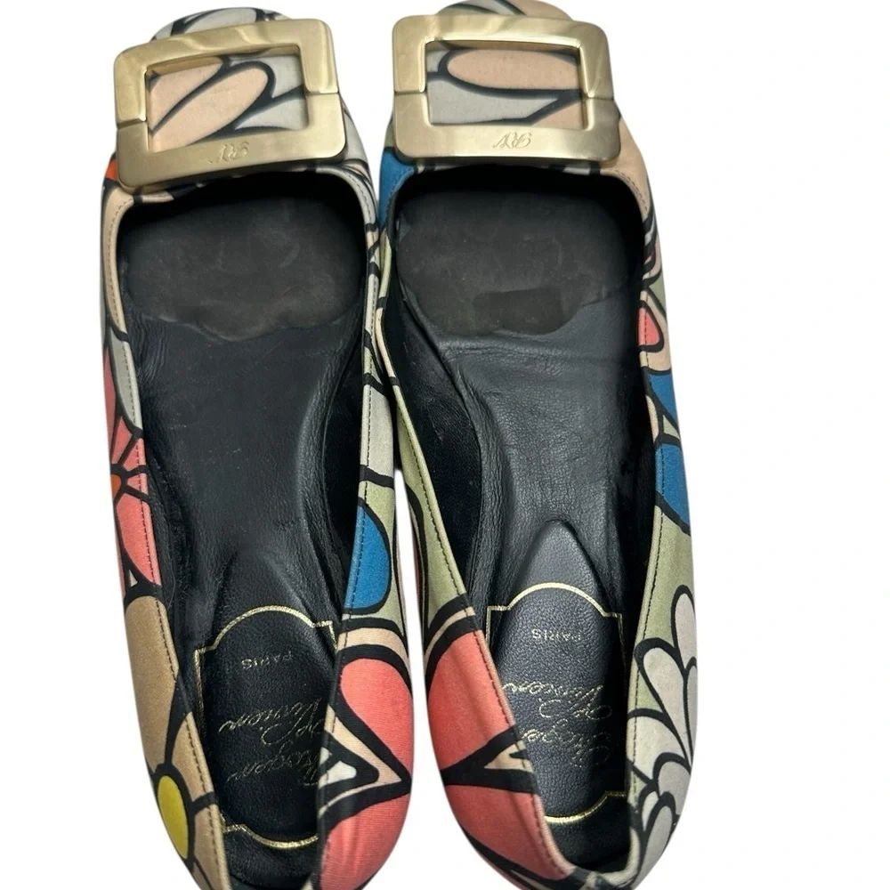 Roger Vivier Floral Multicolor Flats with Gold Buckle, size 7.5